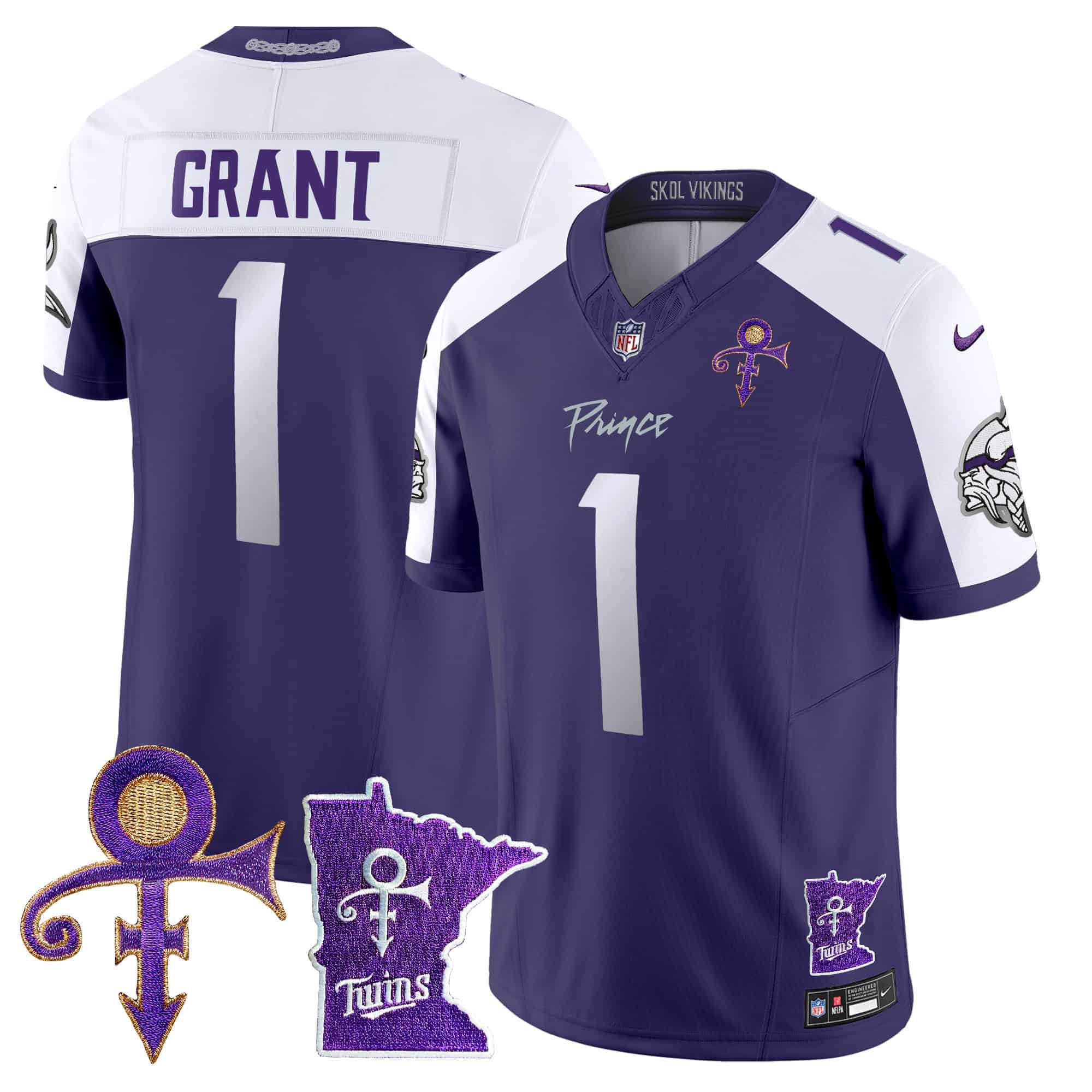 Men Minnesota Vikings 1 Grant Purple 2024 Nike Prince Vapor Limited NFL Jersey